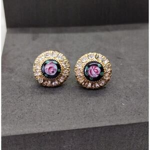 Gold Tone Screw Back Earrings - Rose Center - Vintage